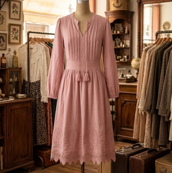 reo Dresses & Skirts - Soft Pink Long-Sleeve Midi Dress with Tassel Waist